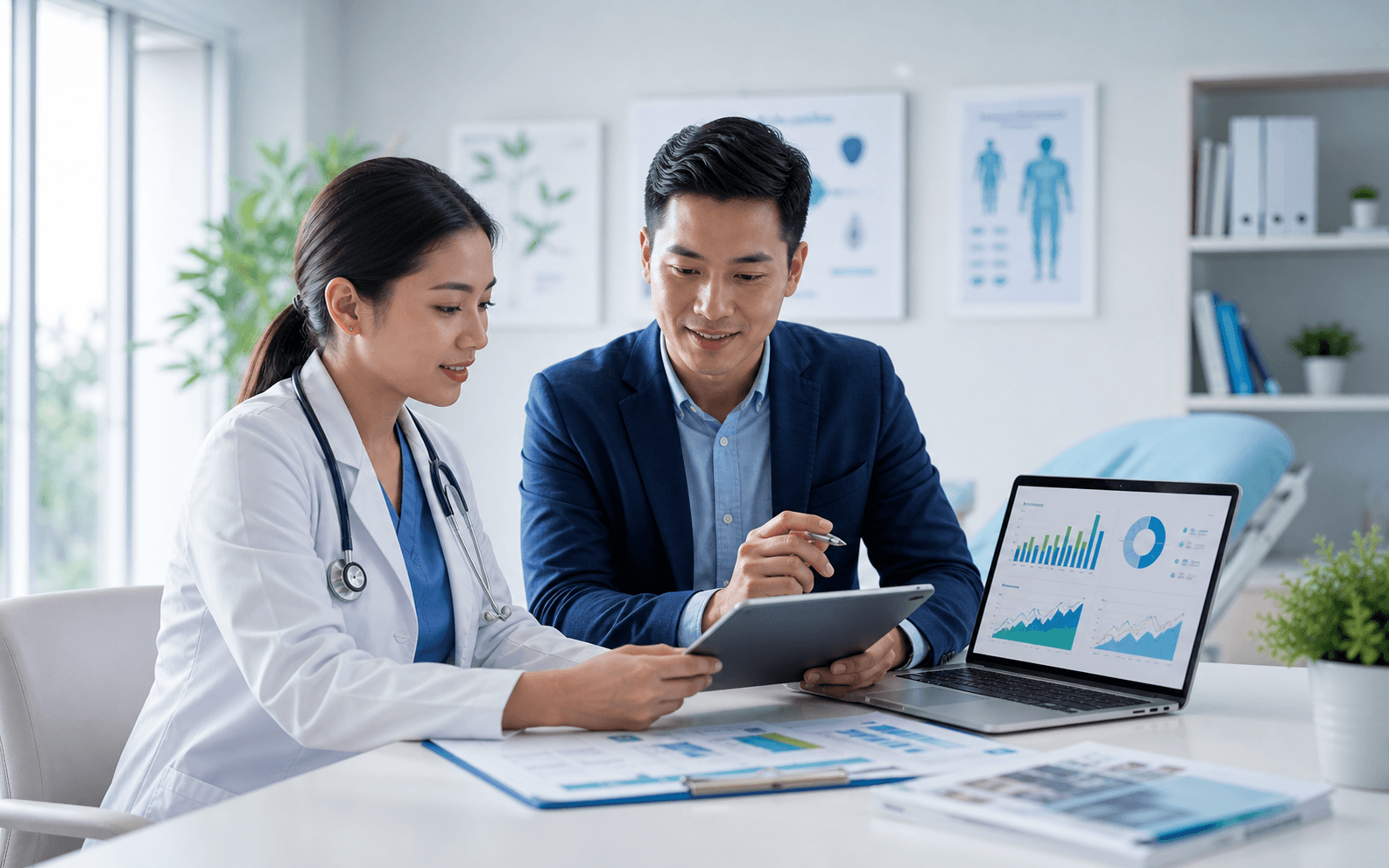 Bác sĩ và chuyên gia marketing y tế xem dữ liệu tăng trưởng